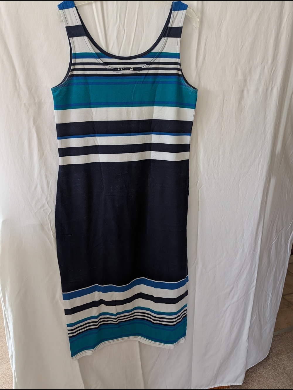 Striped Sleeveless Sheath Dress in Navy, Teal & White